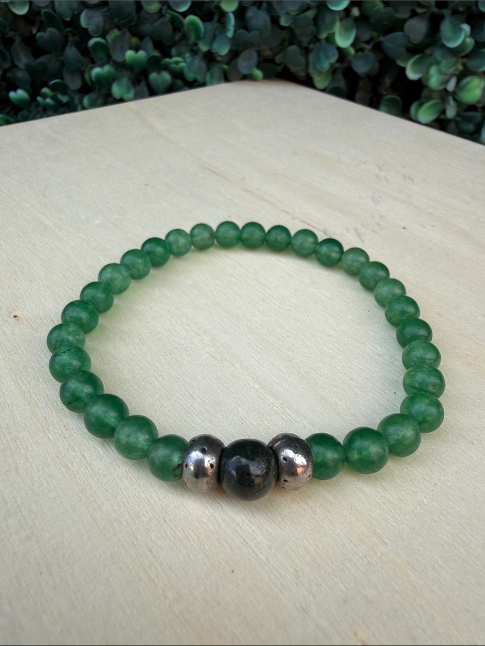 Green Beaded Stretch Bracelet with Silver Accent